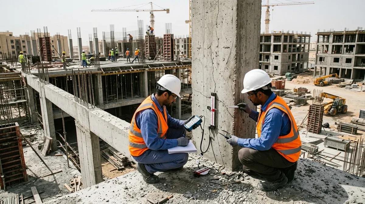 Manzel El Deqa structural engineer performing field non-destructive testing